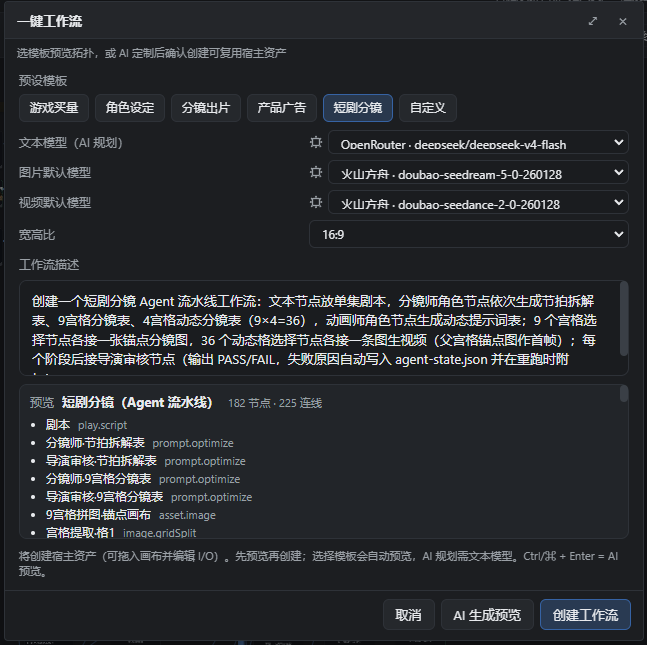 在一键工作流中选择短视频模板