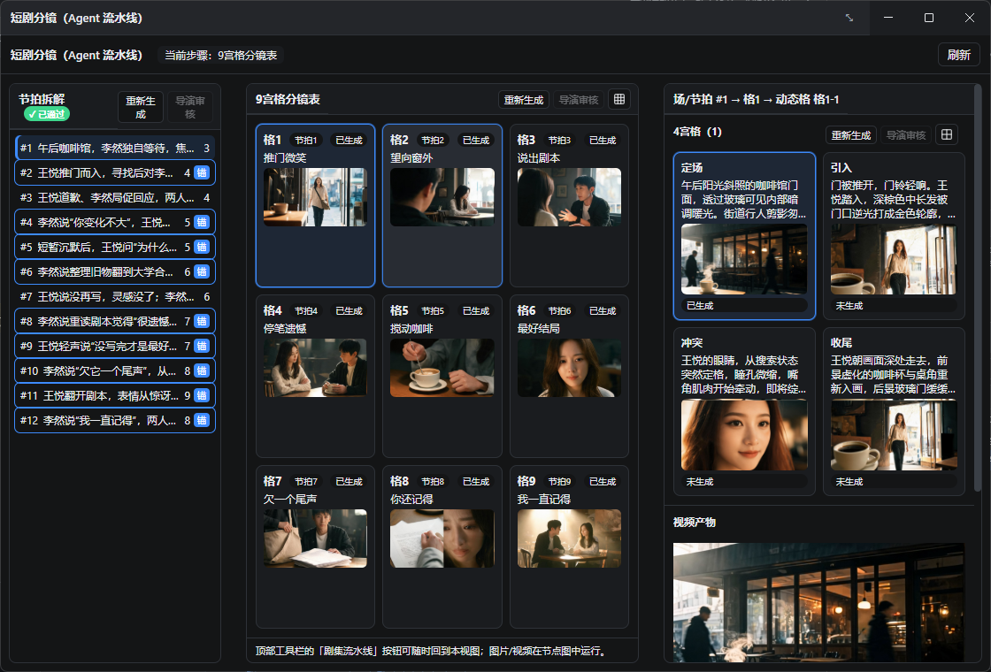 在 Agent 流程窗口中完成分镜、拼图与视频操作